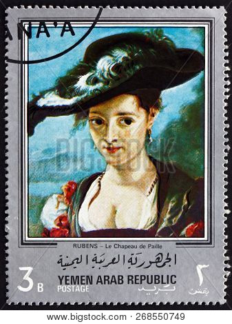 Yemen - Circa 1968: A Stamp Printed In Yemen Arab Republic Shows The Straw Hat, Painting By Sir Pete
