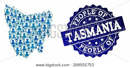 People Combination Of Blue Population Map Of Tasmania Island And Rubber Seal Stamp. Vector Imprint W