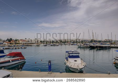 Zygi, Cyprus - June 16, 2018:boats And Yachts Moored In The Harbour In Zygi.  View Shows The Village