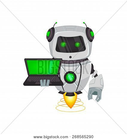 Robot With Artificial Intelligence, Bot. Funny Cartoon Character Holds Laptop. Humanoid Cybernetic O