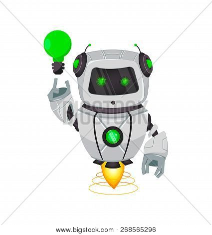 Robot With Artificial Intelligence, Bot. Funny Cartoon Character Having A Good Idea. Humanoid Cybern