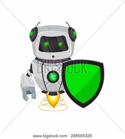 Robot With Artificial Intelligence, Bot. Funny Cartoon Character Holds Green Shield. Humanoid Cybern