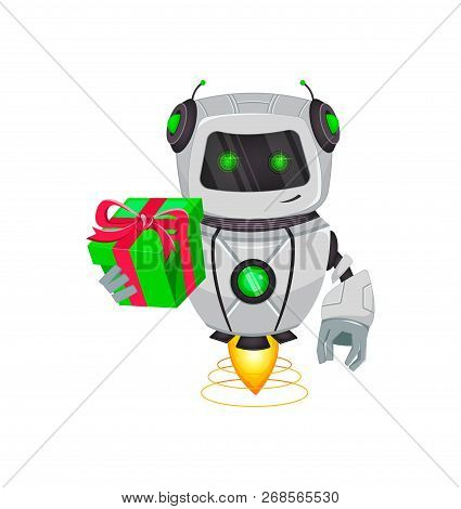 Robot With Artificial Intelligence, Bot. Funny Cartoon Character Holds Green Gift Box. Humanoid Cybe