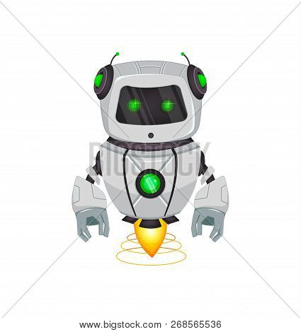 Robot With Artificial Intelligence, Bot. Funny Cartoon Character Holds Green Gift Box. Humanoid Cybe
