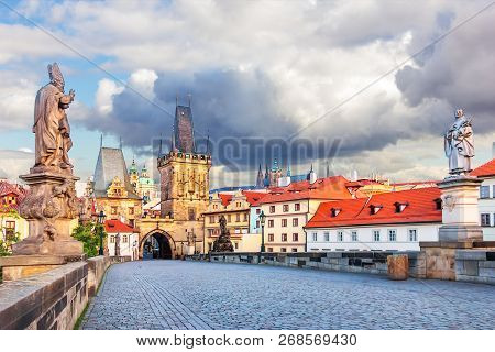 Charles Bridge With Statues Of Saint Augustine Of Hippo And St Philip Benitius, Lesser Town Of Pragu
