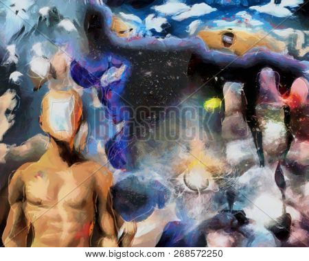 Complex surreal painting. Man with open door to another world. Eye of God. Human's palm with clock hands. 3D rendering