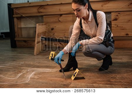 Concentarted Female Detective Collecting Evidence At Crime Scene