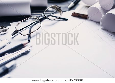 Drawing Tools Or Office Stationery. Compasses And Blueprint