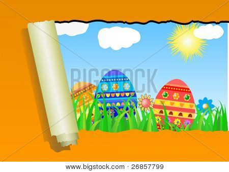 Oranje geript wand papier met Easter Egg-vector