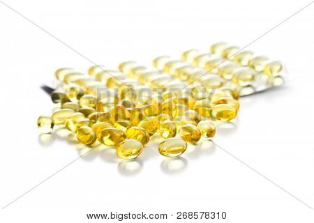 Omega 3 gel capsules. Fish oil pills. Healthy omega-3.