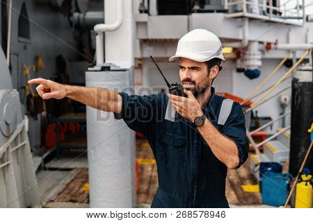 Marine Deck Officer Or Chief Mate On Deck Of Vessel Or Ship