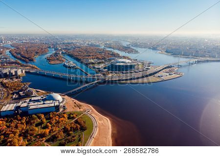 Stadium St. Petersburg. Zenit-arena. Gulf Of Finland. Coastline. Clear Autumn Day. Blue Sky. Pedestr