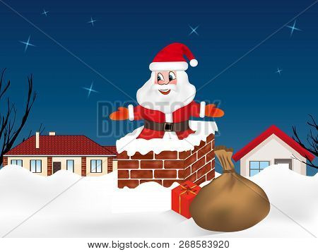 Santa Claus Jumping Into The Chimney And Sack Full Of Gifts. Winter Night City. Christmas Card. Vect