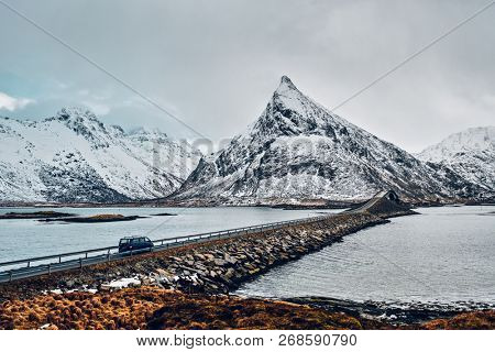 Fredvang Bridges in winter. Lofoten islands, Norway