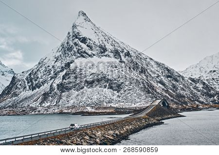 Fredvang Bridges in winter. Lofoten islands, Norway