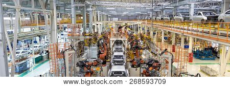 Welding Of Car Body. Automotive Production Line. Long Format. Wide Frame