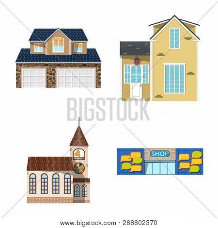 Isolated Object Of Building And Front Logo. Set Of Building And Roof Vector Icon For Stock.