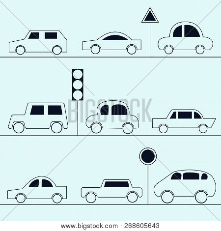 Automobile Icons. Collection Of Cars In The Outline Style.