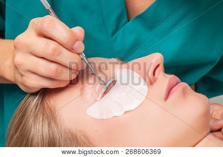Eyelash Care Treatment Procedures. Woman Doing Lashes Lamination