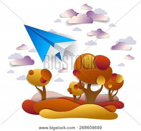 Origami Paper Plane Toy Flying In The Autumn Sky Over Red And Yellow Meadows And Trees, Perfect Vect