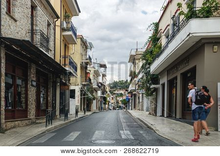 Nafpaktos, Greece - September 20, 2017: Tourists Walking Along The Noti Mpotsari Street, The One Of 