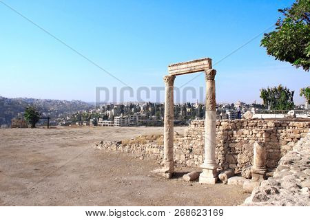Ancient columns in Amman Citadel complex (Jabal al Qala'a), Amman, Jordan, Middle East