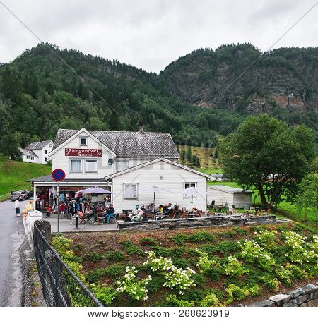 Steine, Norway - August 2, 2018: Souvenir Shop Near Steinsdalfossen Waterfall In Steine, Norway