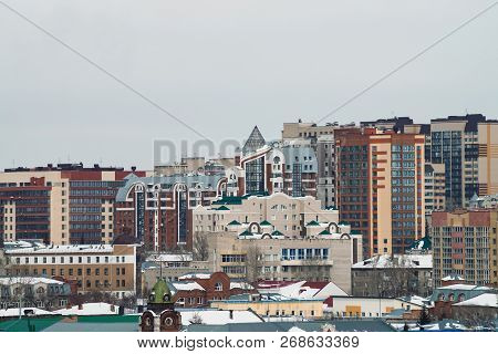 Cityscape Of Barnaul With High-rise Buildings, Shot From Height, 28 March 2018. Barnaul, Russia. Vie