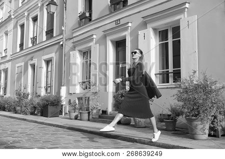 Step By Step. Guide To Spare Time In French Capital. Woman Total Red Outfit Enjoy Walk Beautiful Str