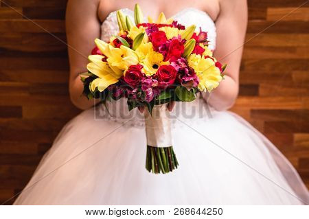 Bridal Bouquet In Rustic Place, For Use In Wedding Websites Or Blogs.