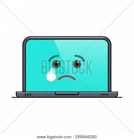 Crying Laptop Computer Isolated Emoticon Icon. Melancholy Digital Device Emoji Symbol. Social Commun