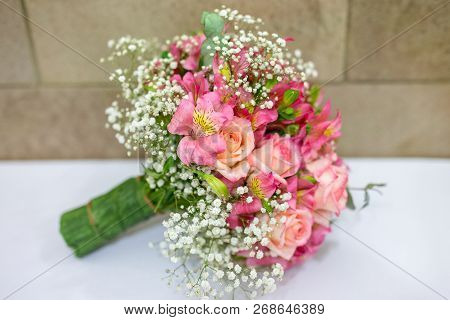 Bridal Bouquet In Rustic Place, For Use In Wedding Websites Or Blogs.
