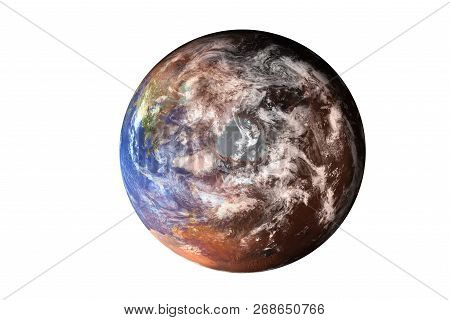 Planet Earth Deteriorated. North Pole View From Top Of Solar System. Global Warming Climate Concept.