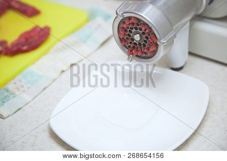Mincing Machine With Forse Meat. Close-up View