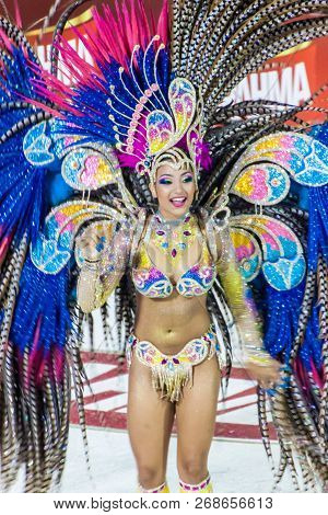 Encarnacion, Paraguay - Feb 7, 2015: Participant Of A Traditional Carnival In Encarnacion, Paraguay