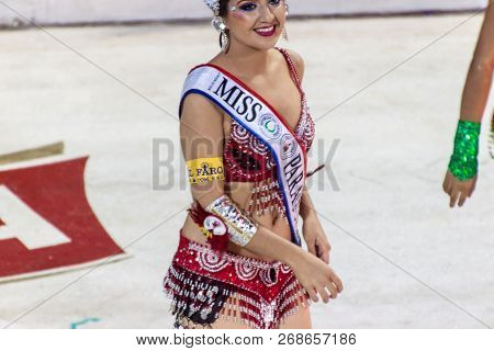 Encarnacion, Paraguay - Feb 8, 2015: Participant Of A Traditional Carnival In Encarnacion, Paraguay