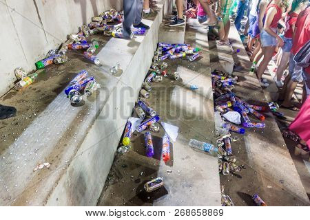 Encarnacion, Paraguay - Feb 7, 2015: Garbage Left By Spectators At The Traditional Carnival In Encar