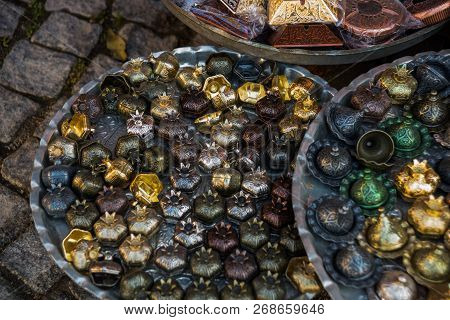 Sale Of A Souvenir In The Form Of A Grenade From Metal Traditional Market. Ankara, Turkey
