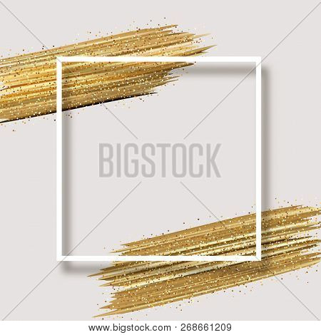 Abstract Card With White Square Frame And Golden Shiny Brush Str