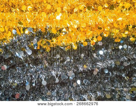 Golden And Silver Christmas Decorations. Christmas Decoration With Shiny Glare. Interior Of A Store 