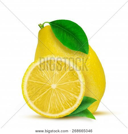Lemon. Fruit With Half And Leaves Isolated On White