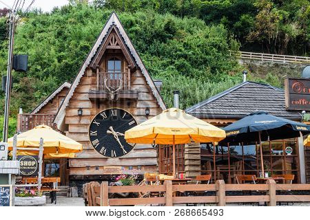 Frutillar, Chile - March 1, 2015: Restaurant In Alp Style In Frutillar Village. The Region Is Known 