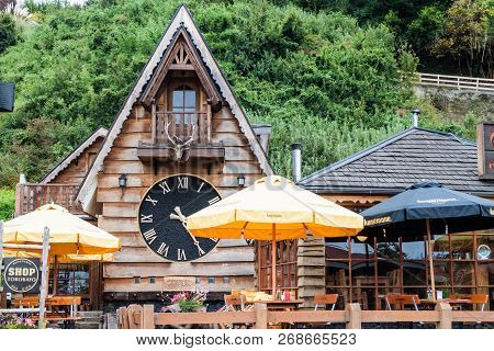 Frutillar, Chile - March 1, 2015: Restaurant In Alp Style In Frutillar Village. The Region Is Known 