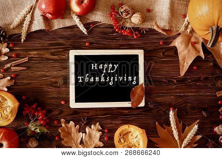 Happy Thanksgiving Concept. Still Life Composition With Pumpkin And Oher Fruits And Vegetble Small D