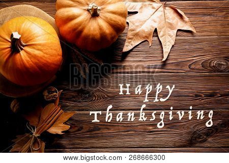 Happy Thanksgiving Concept. Still Life Composition With Pumpkin And Oher Fruits And Vegetble Small D