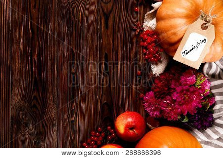 Happy Thanksgiving Concept. Still Life Composition With Pumpkin And Oher Fruits And Vegetble Small D