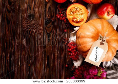 Happy Thanksgiving Concept. Still Life Composition With Pumpkin And Oher Fruits And Vegetble Small D