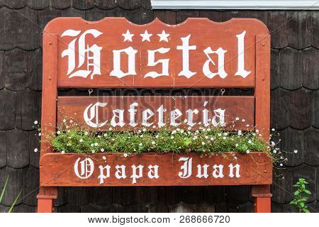 Puerto Varas, Chile - Mar 1, 2015: Sign Hostal Cafeteria Opapa Juan In Puerto Varas.