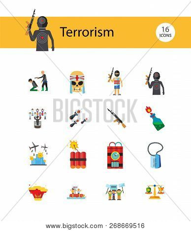 Terrorism Icon Set. Kamikaze Fire Cocktail Dynamite Army Tags Hostage Bomb With Timer Machine Gun Mi