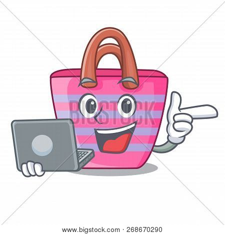 With Laptop Cartoon On Red Shaped Beach Bag